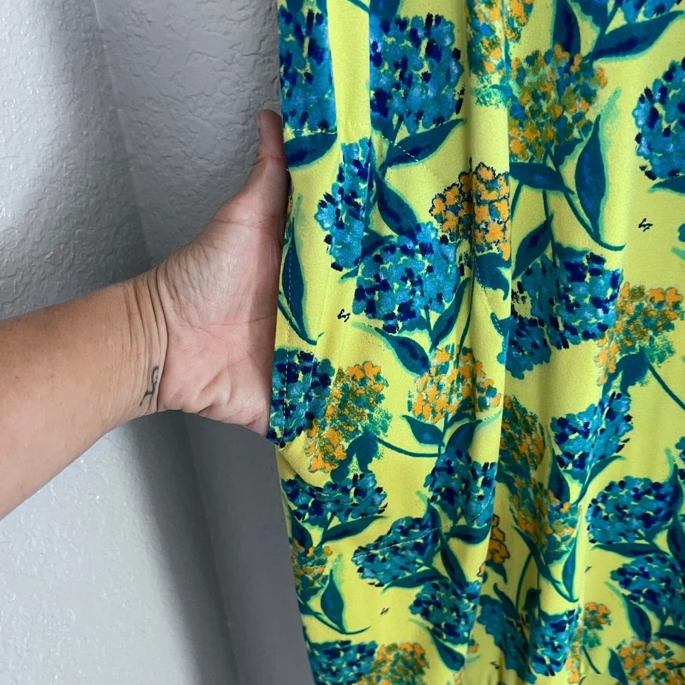 Lug Swing Dress Womens 3X Yellow Blue Floral Tiered Ruffle Hem Pockets Recycled - Picture 7 of 10
